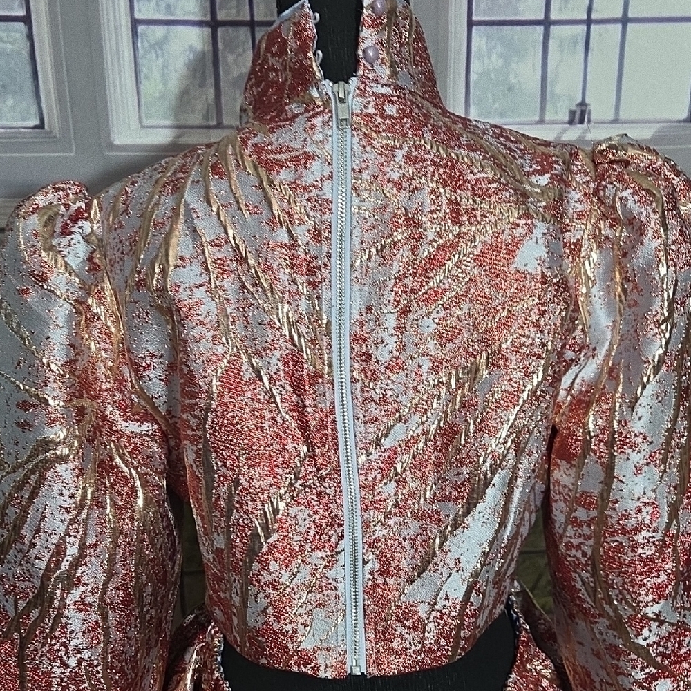 AKIRA Vibrant Red, Gold, and Sky Blue Brocade Patterned Top - Picture 4 of 7